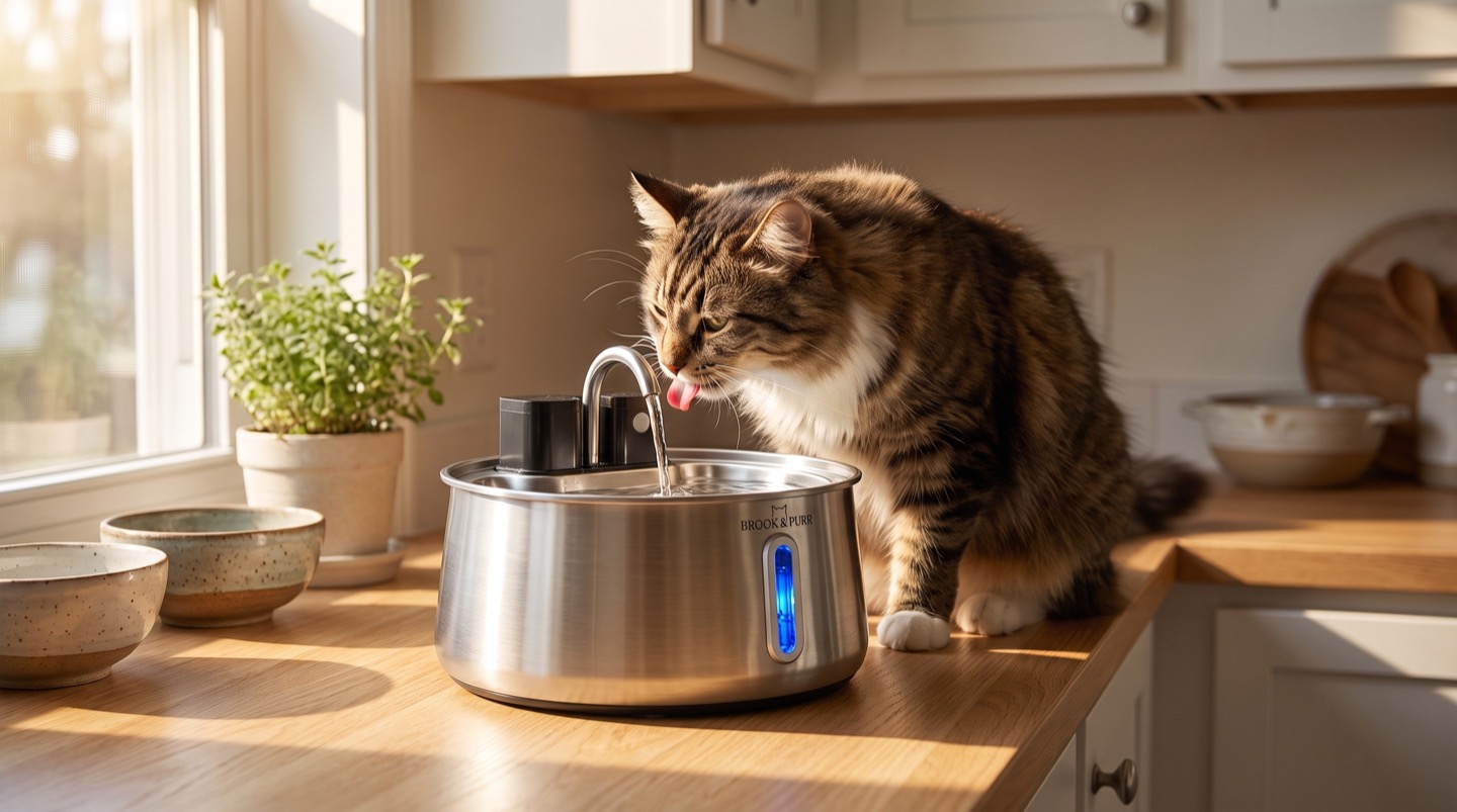 Brook & Purr fountain on a kitchen counter with a cat drinking from it in morning light
