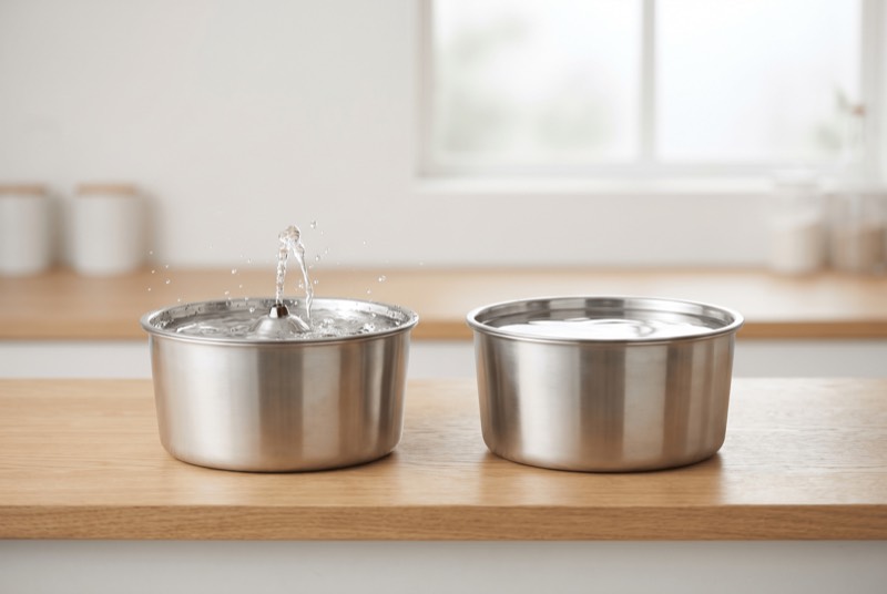 Two stainless steel cat fountains side by side