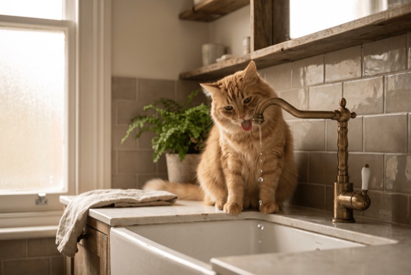 Cat drinking water from a faucet